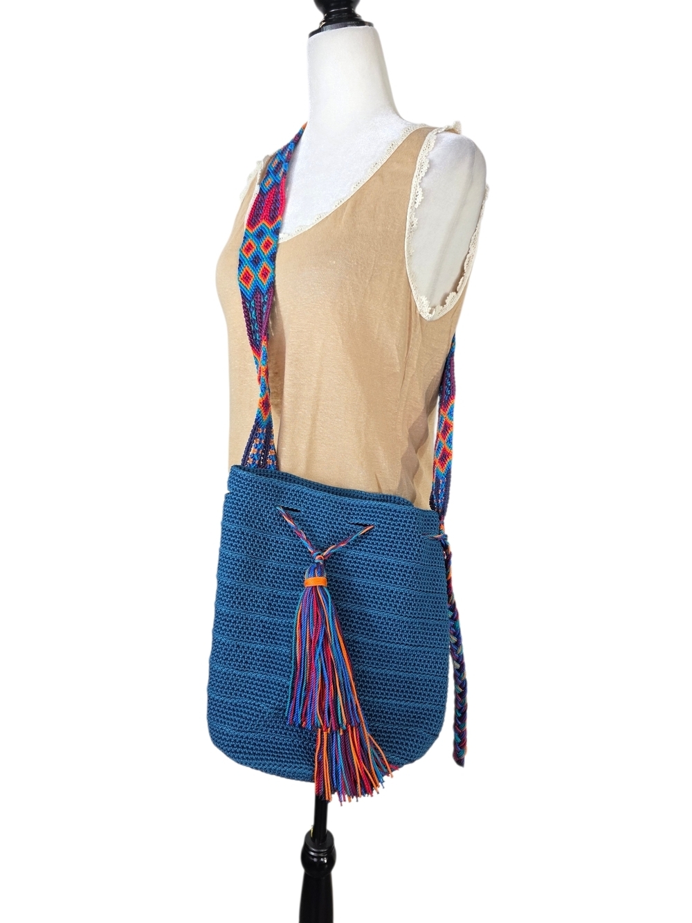 Wayuu Tribe Handwoven Blue Crochet Crossbody Bag with Multicolor Strap